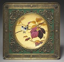 Plaque: Two Birds on a Thorny Bough, 1879. Creator: Fernand Thesmar (French, 1843-1912)