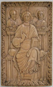Plaque with Christ enthroned with two Apostles, Carolingian, 850-875. Creator: Unknown