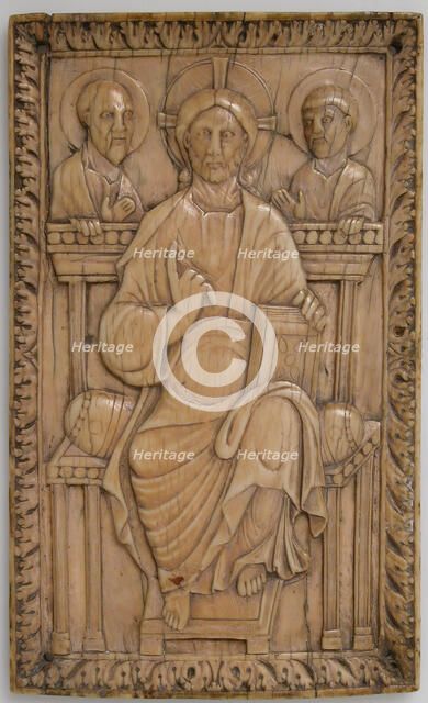 Plaque with Christ enthroned with two Apostles, Carolingian, 850-875. Creator: Unknown.