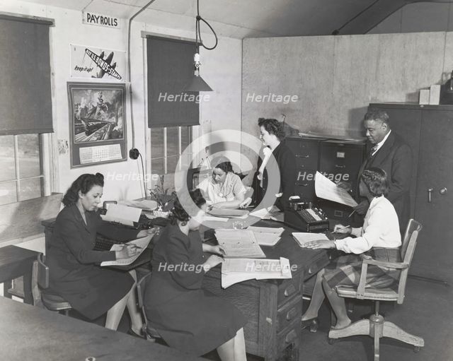 Plato's office staff for Wake and Midway Halls; Samuel Plato, contractor, and part..., March 1943. Creator: Roger Smith.