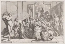 Plato's symposium: Socrates and his companions seated around a table discussing ideal love..., 1648. Creator: Pietro Testa
