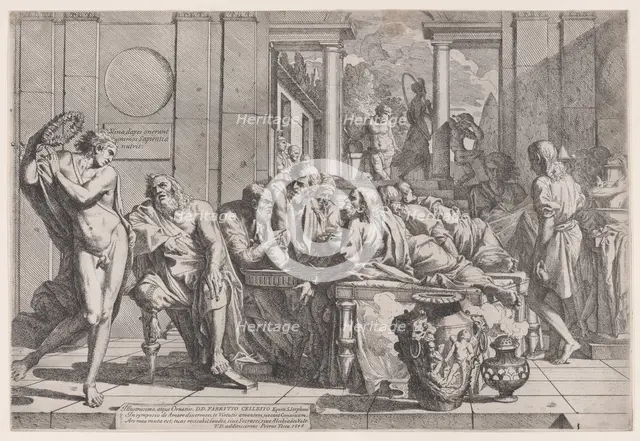 Plato's symposium: Socrates and his companions seated around a table discussing ideal love..., 1648. Creator: Pietro Testa.