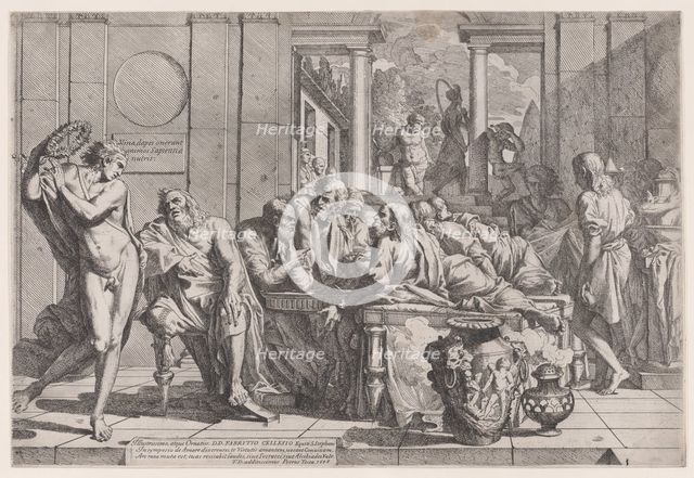Plato's symposium: Socrates and his companions seated around a table discussing ideal love..., 1648. Creator: Pietro Testa.