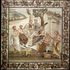 Plato's Academy mosaic. Plato teaching philosophy to his disciples. Pompeian copy of an Helleni…