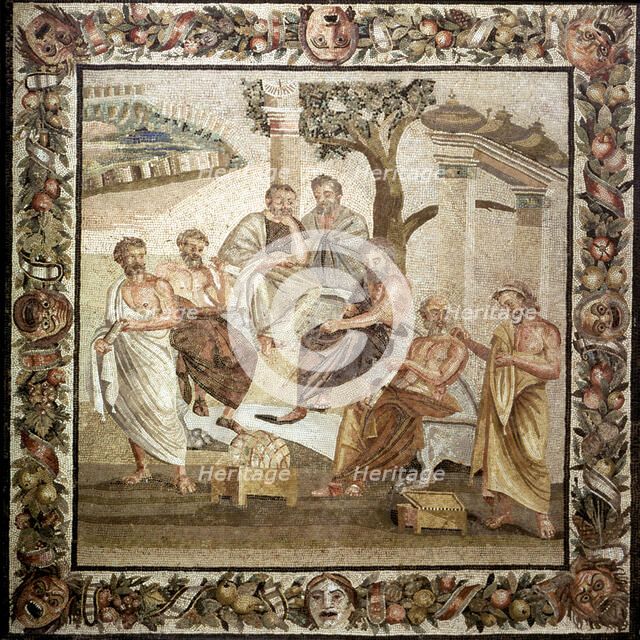 Plato's Academy', mosaic. Plato teaching philosophy to his disciples. Pompeian copy of an Helleni…