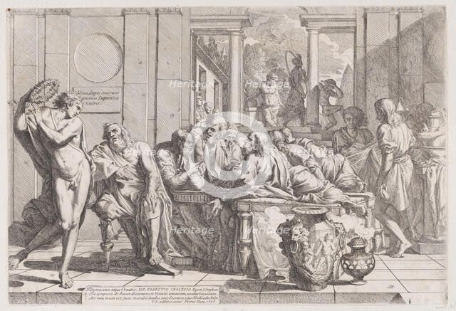 Plato's symposium: Socrates and his companions seated around a table discussing ideal love..., 1648. Creator: Pietro Testa.