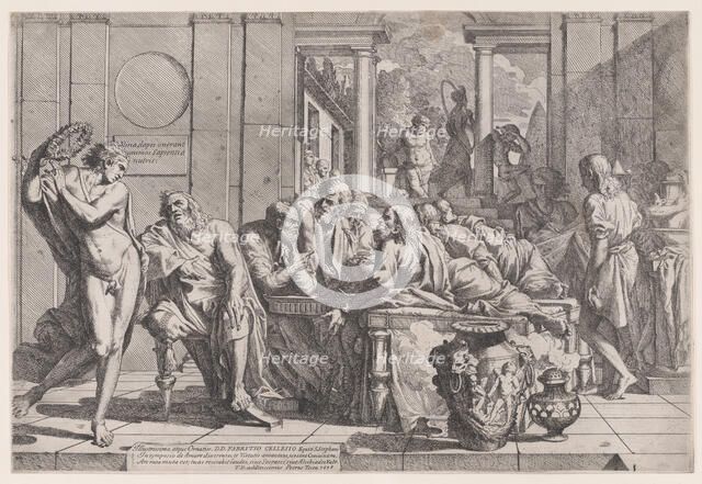 Plato's symposium: Socrates and his companions seated around a table discussing ideal love..., 1648. Creator: Pietro Testa.