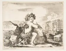 Plate 1: the genius of drawing, a child with wings, seated on a rock in center turn..., ca. 1641-43. Creator: Stefano della Bella