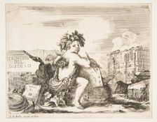 Plate 1: the genius of drawing, a child with wings, seated on a rock in center turn..., ca. 1641-43. Creator: Stefano della Bella