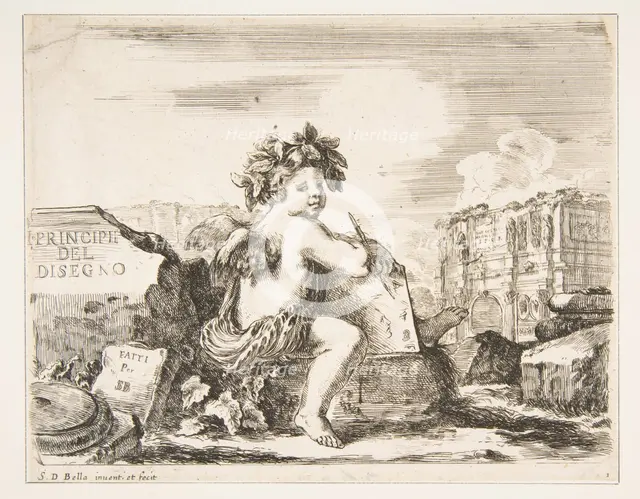 Plate 1: the genius of drawing, a child with wings, seated on a rock in center turn..., ca. 1641-43. Creator: Stefano della Bella.