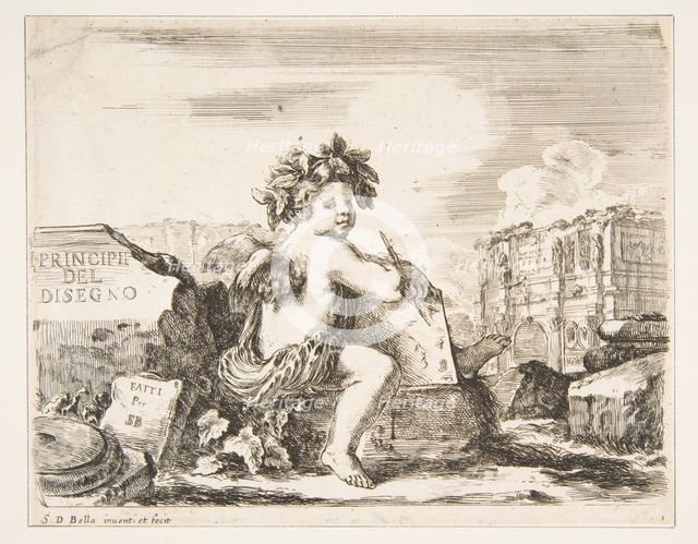 Plate 1: the genius of drawing, a child with wings, seated on a rock in center turn..., ca. 1641-43. Creator: Stefano della Bella.