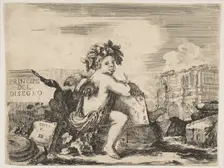 Plate 1: the genius of drawing, a child with wings, seated on a rock in center turn..., ca. 1641-43. Creator: Stefano della Bella