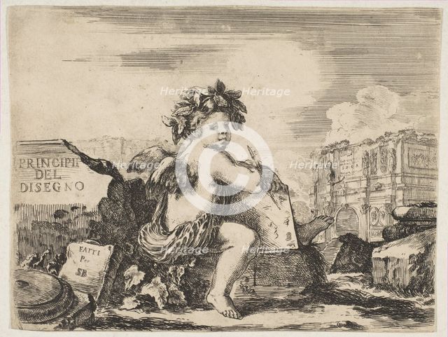 Plate 1: the genius of drawing, a child with wings, seated on a rock in center turn..., ca. 1641-43. Creator: Stefano della Bella.