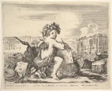 Plate 1: the genius of drawing, a child with wings, seated on a rock in center turned ..., ca. 1641. Creator: Stefano della Bella
