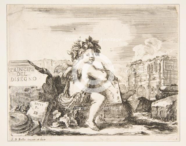 Plate 1: the genius of drawing, a child with wings, seated on a rock in center turn..., ca. 1641-43. Creator: Stefano della Bella.
