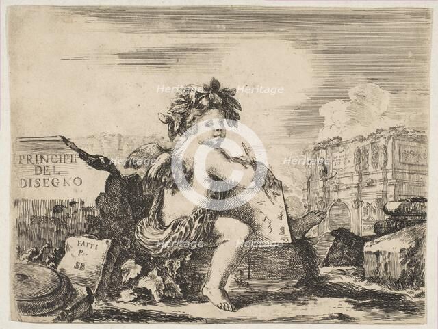 Plate 1: the genius of drawing, a child with wings, seated on a rock in center turn..., ca. 1641-43. Creator: Stefano della Bella.