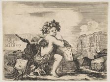 Plate 1: the genius of drawing, a child with wings, seated on a rock in center turn..., ca. 1641-43. Creator: Stefano della Bella