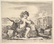 Plate 1: the genius of drawing, a child with wings, seated on a rock in center turned ..., ca. 1641. Creator: Stefano della Bella