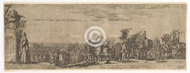 Plate 1: The Entrance of the Polish Ambassador into Rome, the Medici coat of arms at left, 1633. Creator: Stefano della Bella.