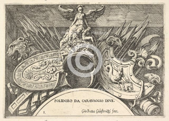 Plate 1: trophies of Roman arms from decorations above the windows on the second floor ..., 1656-58. Creator: Giovanni Battista Galestruzzi.