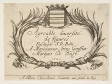 Plate 1: Two palms and a coat of arms frame the title and dedication, title page for Vari..., 1642. Creator: Stefano della Bella