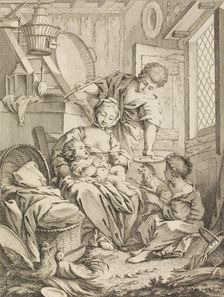Plate 1: Young Woman Feeding her Infant, from Premier Livre de Sujets et Pastorales (Fi..., 1720-72. Creator: Gabriel Huquier