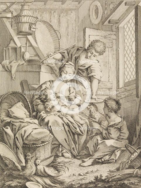 Plate 1: Young Woman Feeding her Infant, from Premier Livre de Sujets et Pastorales (Fi..., 1720-72. Creator: Gabriel Huquier.
