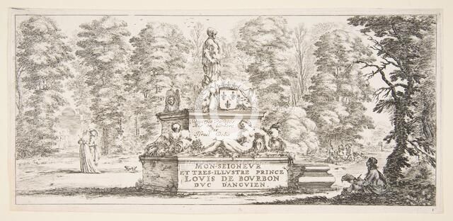 Plate 1: a monument with statues and a coat of arms in the center, a draughstman on th..., ca. 1643. Creator: Stefano della Bella.