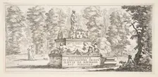 Plate 1: a monument with statues and a coat of arms in the center, a draughstman on th..., ca. 1643. Creator: Stefano della Bella