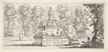 Plate 1: a monument with statues and a coat of arms in the center, a draughstman on th..., ca. 1643. Creator: Stefano della Bella