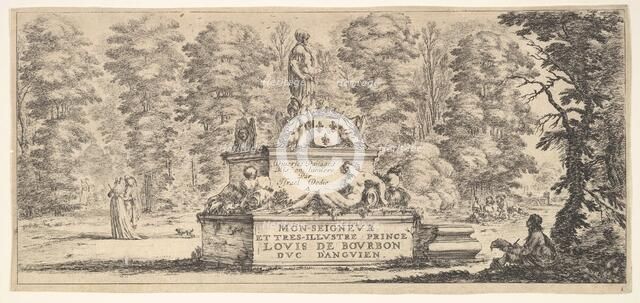 Plate 1: a monument with statues and a coat of arms in the center, a draughstman on th..., ca. 1641. Creator: Stefano della Bella.