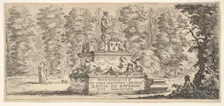 Plate 1: a monument with statues and a coat of arms in the center, a draughstman on th..., ca. 1641. Creator: Stefano della Bella