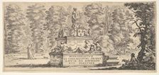 Plate 1: a monument with statues and a coat of arms in the center, a draughstman on th..., ca. 1641. Creator: Stefano della Bella