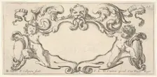 Plate 1: a cartouche with a lion head with wings at top center, a putto holding a b..., ca. 1640-45. Creator: Francois Collignon