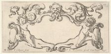 Plate 1: a cartouche with a lion head with wings at top center, a putto holding a b..., ca. 1640-45. Creator: Francois Collignon