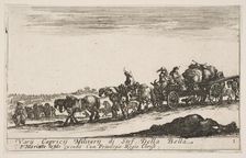 Plate 1: A horse drawn cart carrying people and goods, dead horse in the foreground, f..., ca. 1641. Creator: Stefano della Bella