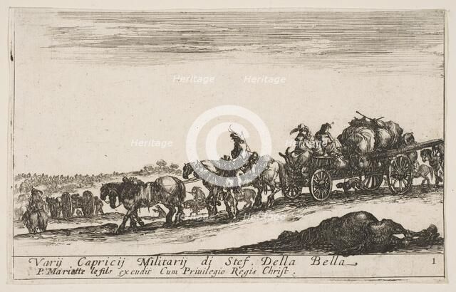 Plate 1: A horse drawn cart carrying people and goods, dead horse in the foreground, f..., ca. 1641. Creator: Stefano della Bella.