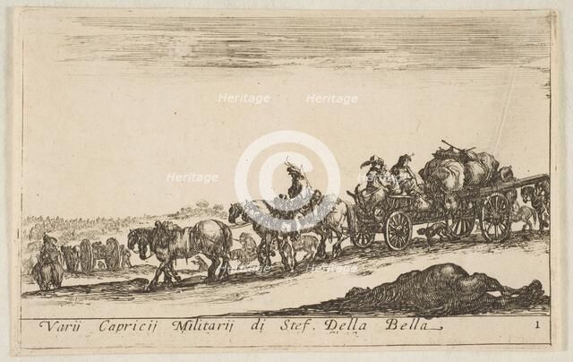 Plate 1: a horse drawn cart carrying people and goods, dead horse in the foreground, f..., ca. 1641. Creator: Stefano della Bella.