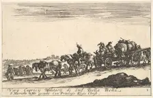 Plate 1: A horse drawn cart carrying people and goods, dead horse in the foreground, f..., ca. 1641. Creator: Stefano della Bella
