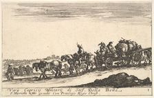 Plate 1: A horse drawn cart carrying people and goods, dead horse in the foreground, f..., ca. 1641. Creator: Stefano della Bella