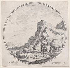 Plate 1: a horseman riding towards the left, followed by a dog, in a rocky landscape,..., 1680-1747. Creator: Lodovico Mattioli