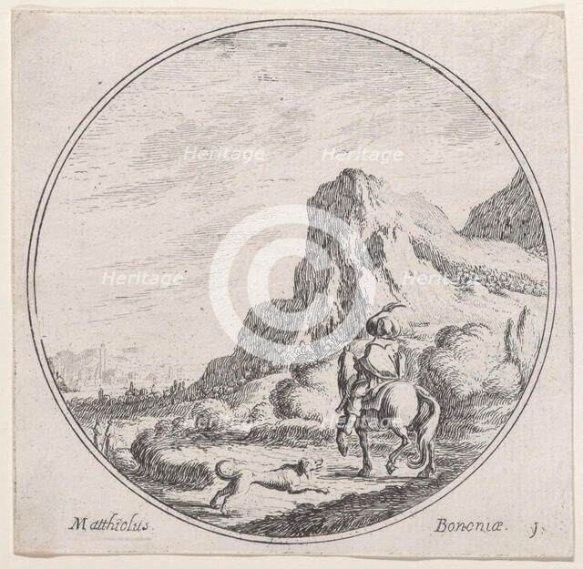 Plate 1: a horseman riding towards the left, followed by a dog, in a rocky landscape,..., 1680-1747. Creator: Lodovico Mattioli.