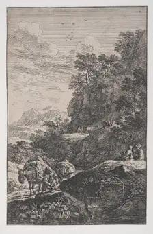 Plate 1: a peasant checking the hoof of his mule by a stream, from Landscapes in t..., ca. 1700-25. Creator: Franz Joachim Beich