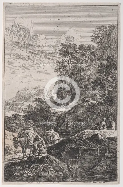 Plate 1: a peasant checking the hoof of his mule by a stream, from 'Landscapes in t..., ca. 1700-25. Creator: Franz Joachim Beich.