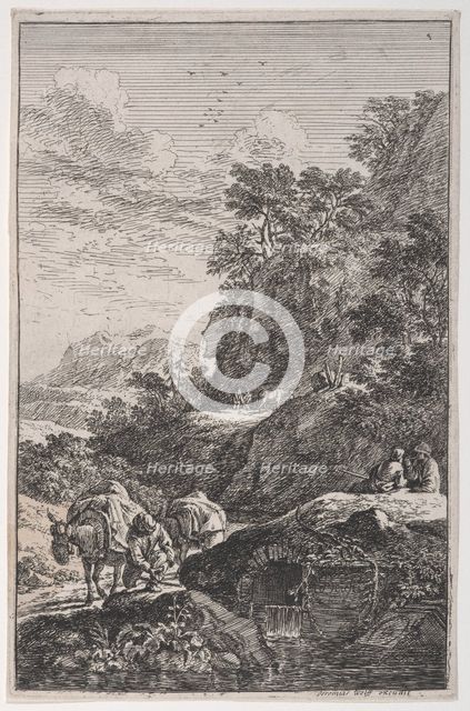 Plate 1: a peasant checking the hoof of his mule by a stream, from 'Landscapes in t..., ca. 1700-25. Creator: Franz Joachim Beich.