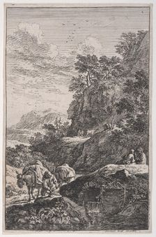 Plate 1: a peasant checking the hoof of his mule by a stream, from Landscapes in t..., ca. 1700-25. Creator: Franz Joachim Beich