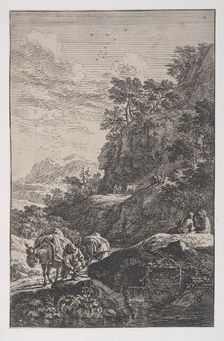 Plate 1: a peasant checking the hoof of his mule by a stream, from Landscapes in t..., ca. 1700-25. Creator: Franz Joachim Beich