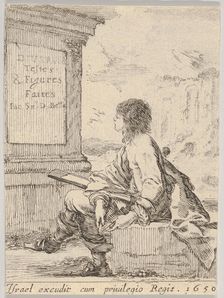 Plate 1: a young man sitting on a stone, facing left in profile, holding a drawing pad in ..., 1650. Creator: Stefano della Bella