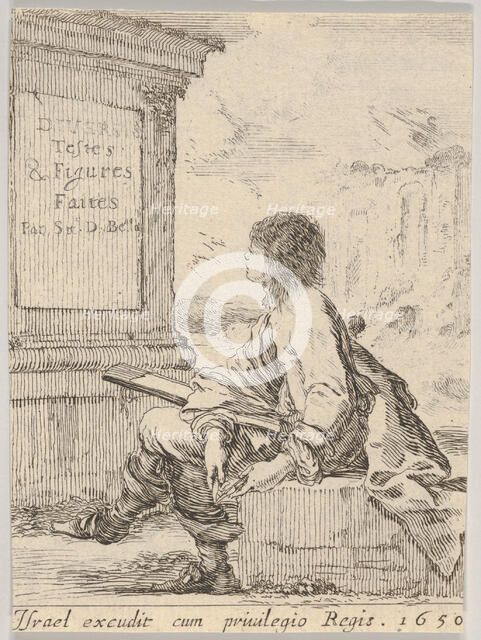 Plate 1: a young man sitting on a stone, facing left in profile, holding a drawing pad in ..., 1650. Creator: Stefano della Bella.