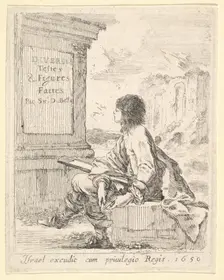 Plate 1: a young man sitting on a stone, facing left in profile, holding a drawing pad in ..., 1650. Creator: Stefano della Bella